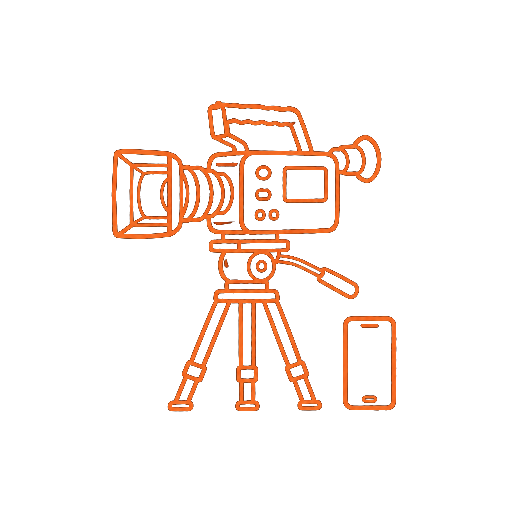 Gescribbeltes Icon einer Filmkamera neben einem Handy